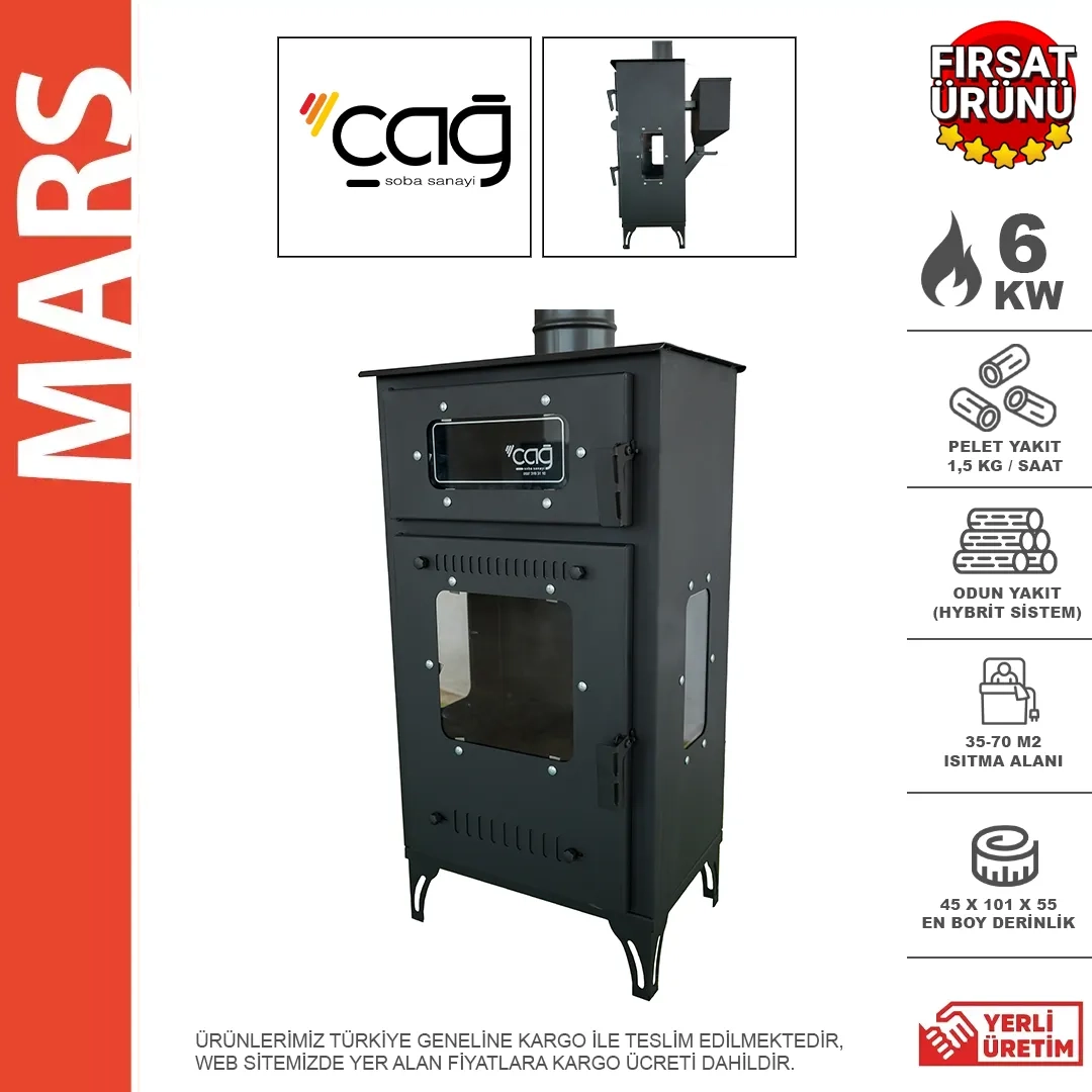 Mars Eco Fırınlı Üç Camlı Dikey Kuzine Pelet Soba